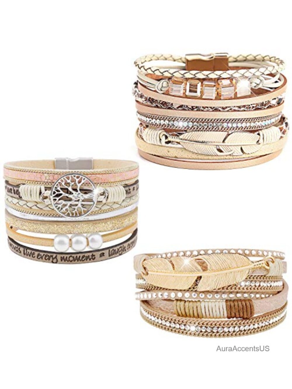 3 Pack Leather Cuff Bracelets Multilayer Wrap Magnetic Clasp Set